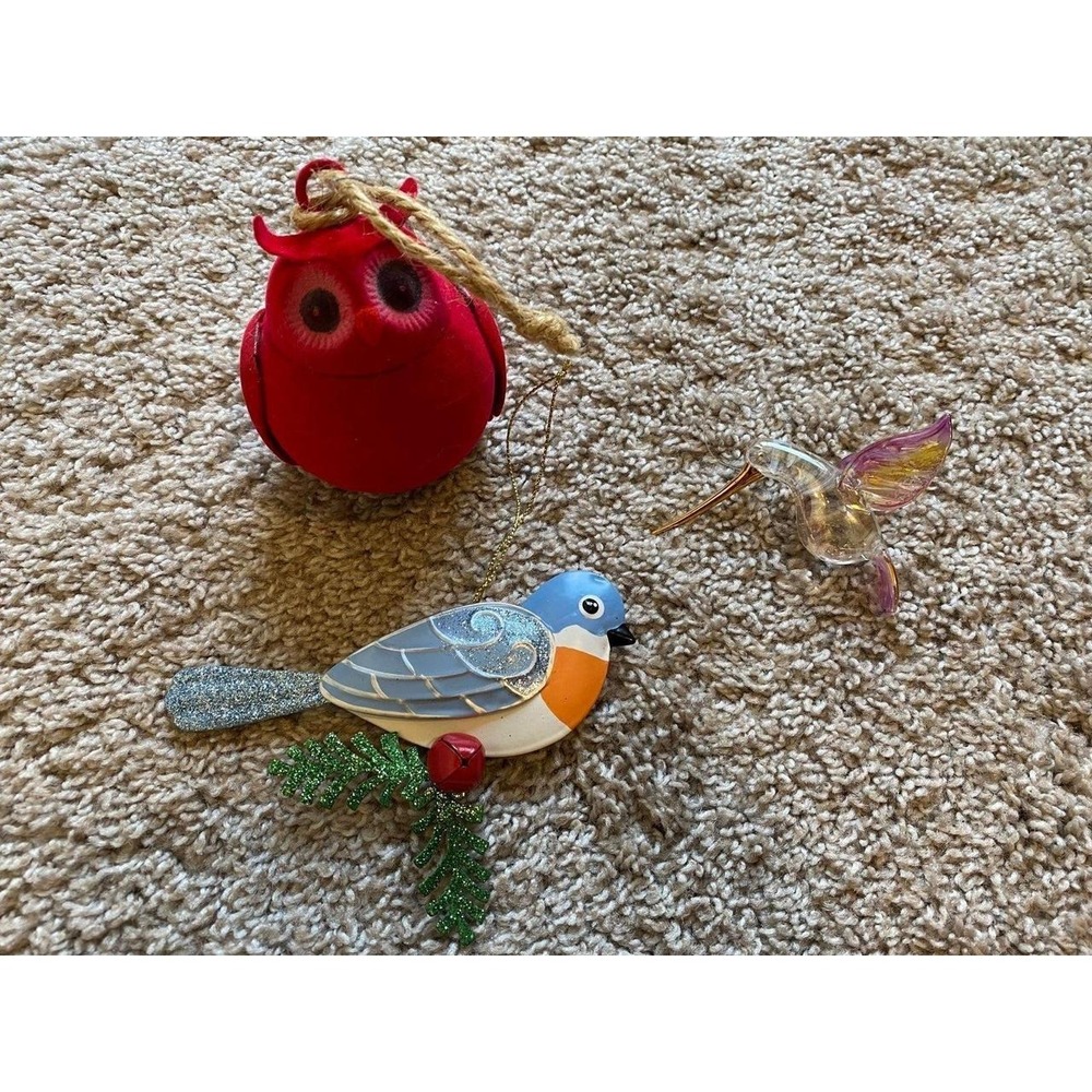 Bird Ornaments Lot Of 3 Christmas Holiday Decor Owl Blue Bird Hummingbird s25